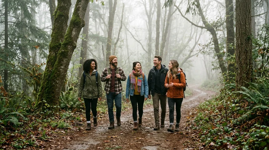 Friends walking on a nature path