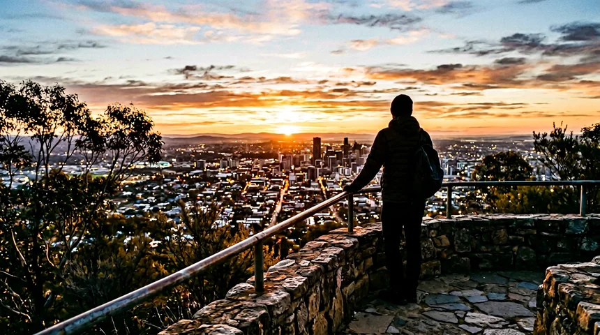Person looking at sunrise over a city