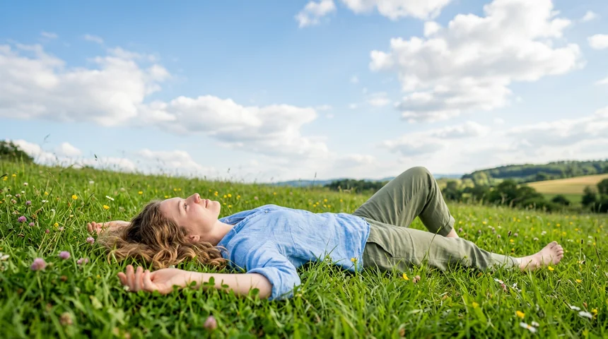 Person lying peacefully on grass looking at the sky