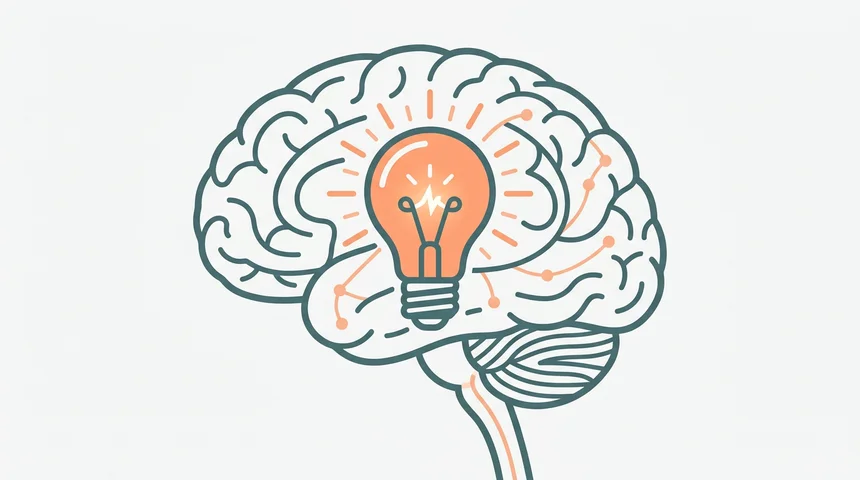 Schematic illustration of a brain with a lightbulb