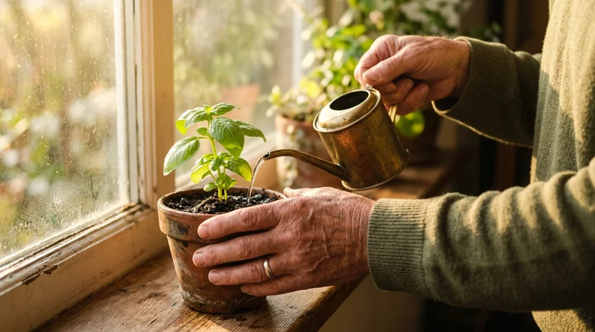 Hands gently watering a small green plant