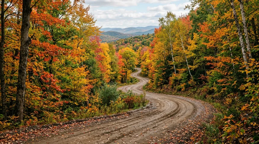 Winding dirt road cutting through a colorful autumn forest