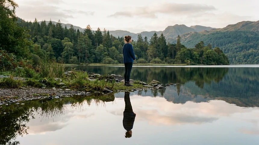 Clear reflection of a person in a calm lake