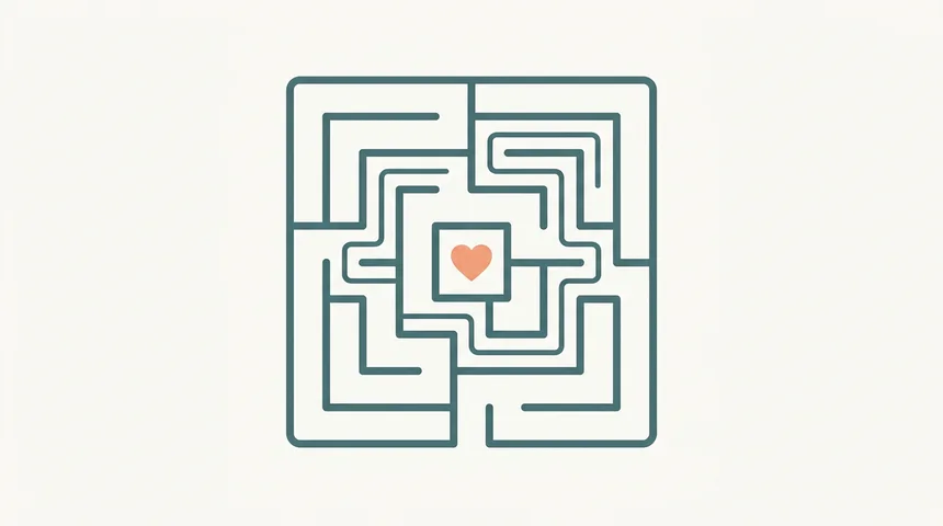 Minimalist illustration of a heart inside a labyrinth