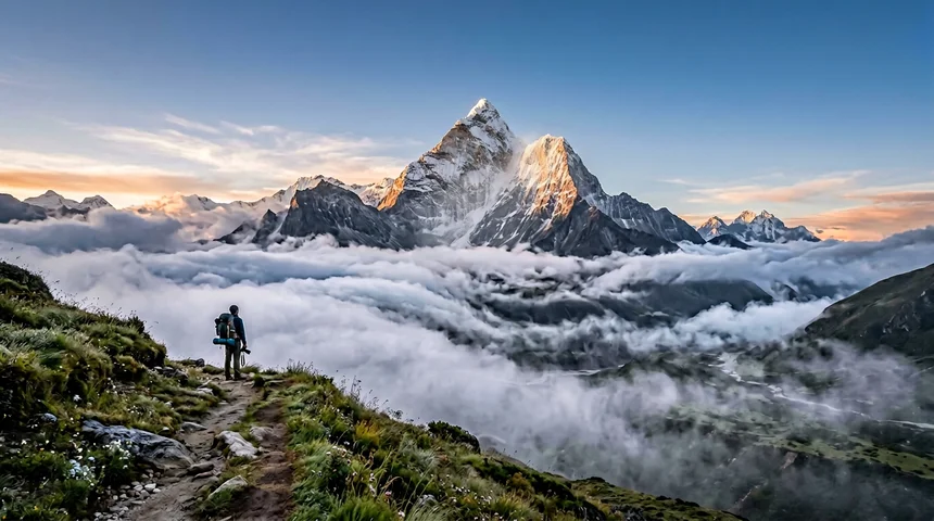 Morning fog lifting to reveal a bright mountain peak