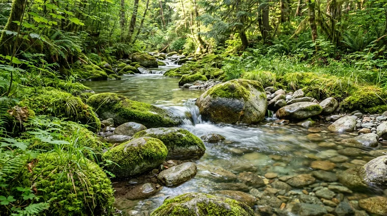 Water flowing around smooth rocks