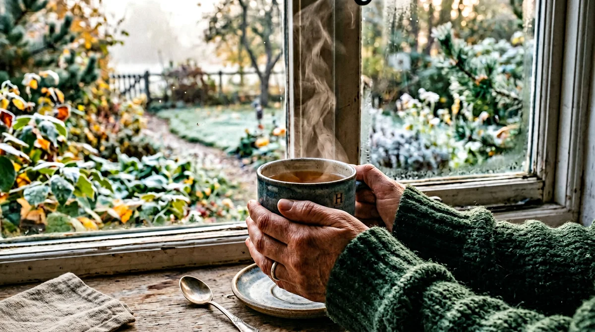 Warm mug of tea on a chilly morning