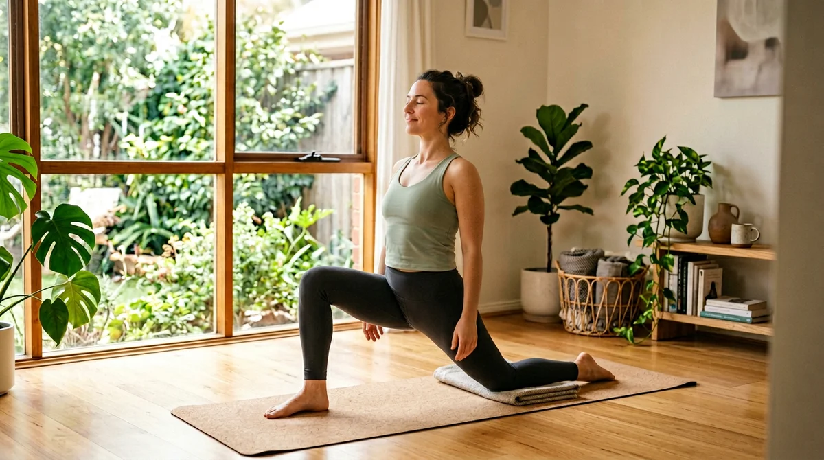 Gentle yoga stretch in a sunlit room