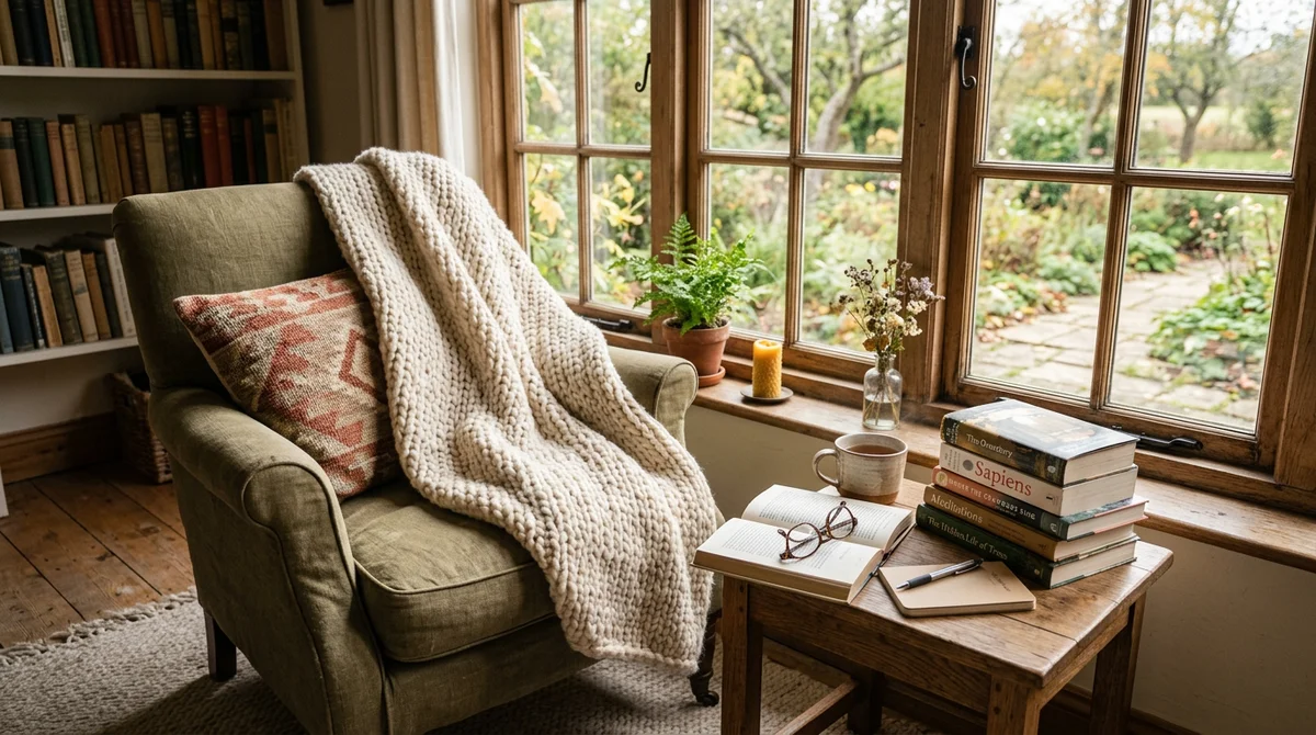 Cozy reading nook with books and blanket