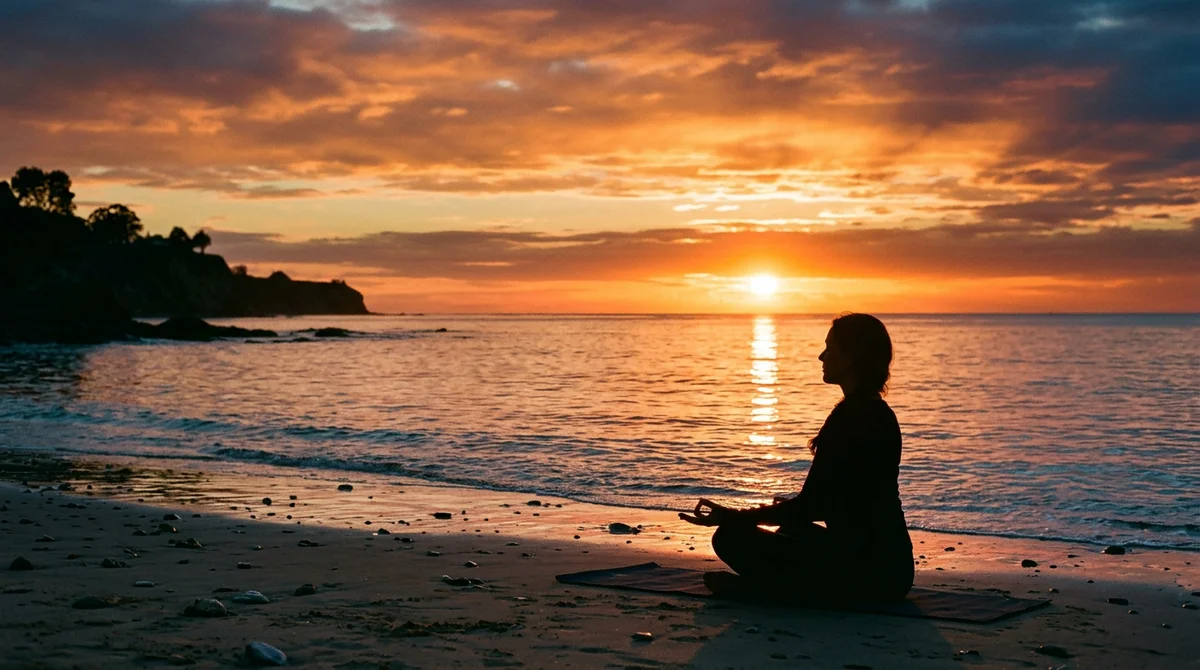 Person meditating by the ocean at sunset